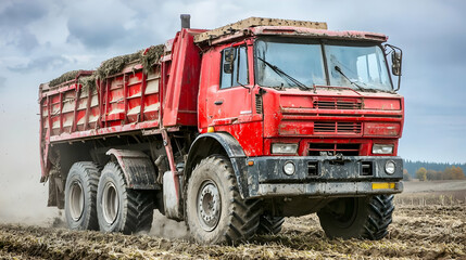 Obraz premium Powerful Red Agricultural Truck Moving Through Field