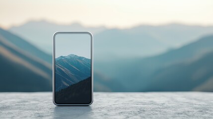 Smartphone with mountain landscape on screen capturing scenic view with distant peaks and sky in a minimalistic outdoor setting.