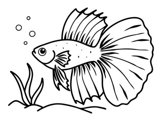 Betta fish coloring page for a children's book with colorful examples. Image in vector format. Great coloring activity for children and toddlers