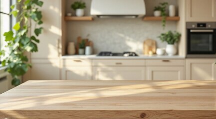 A clean wooden table is in sharp focus in the foreground, with a cozy, modern and minimalist living room faintly visible in the background.