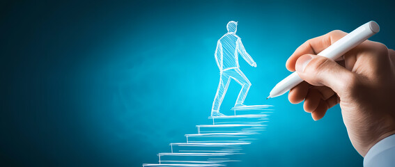 Visualizing the path to success a hand draws a glowing figure ascending a staircase, symbolizing career growth and personal development