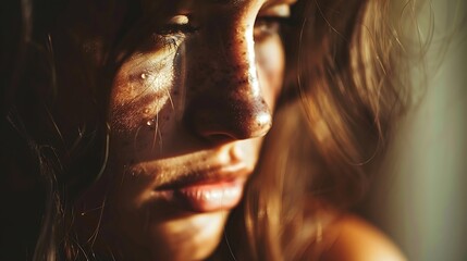 Closeup portrait of a beautiful young woman with face covered with makeup