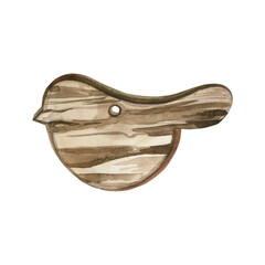 Decorative figurine of a bird made of wood, hand-painted with watercolors in brown color. Watercolor illustration isolated on white background. Suitable for printing on fabric, paper, for design.