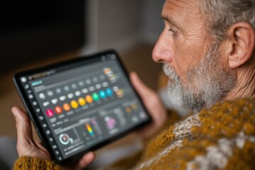 Senior man using tablet computer for health monitoring at home, checking a health AI report, aging process, health, lifestyle, wellbeing.