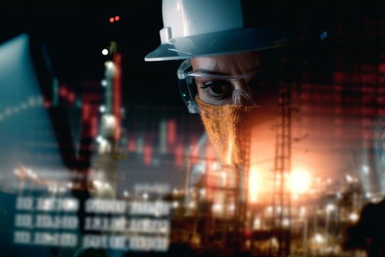 Industrial Worker in Safety Gear with Futuristic Data Overlay for Economic Analysis