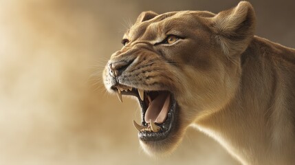 Obraz premium A fierce lioness roars, showcasing her powerful jaws and intense gaze, set against a soft, warm background.