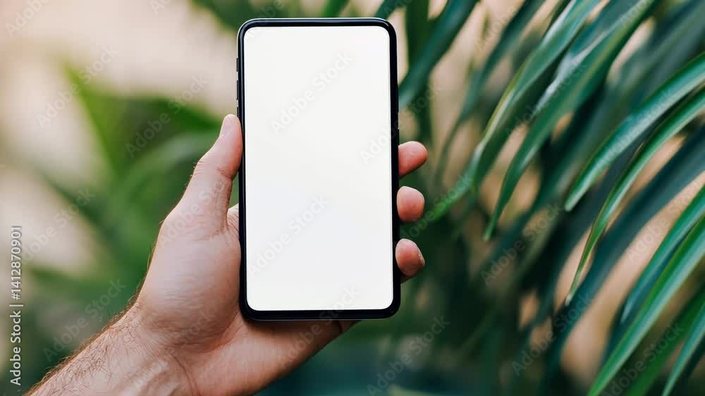 Poster man holding a smartphone with a blank white screen, perfect for showcasing apps or websites, with a 
