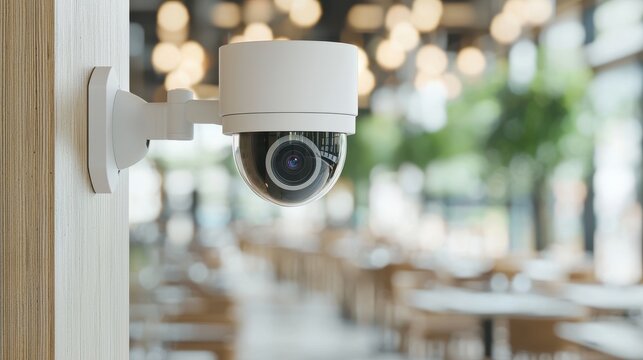Close-up of a modern outdoor security camera mounted on a wooden wall with blurred background of outdoor cafe or restaurant setting with greenery and natural light.
