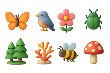 Vibrant 3d nature icons set featuring animals, plants, and fungi