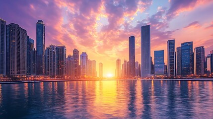 Fototapeta premium Peaceful reflections shimmer at golden hour skyline sunset high resolution picture