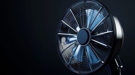 Metal fan isolated on dark backdrop. Cooling device concept.