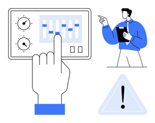Hand interacting with control panel sliders next to businessman holding clipboard, pointing and warning sign. Ideal for process management, system control, guidance, technology, risk management