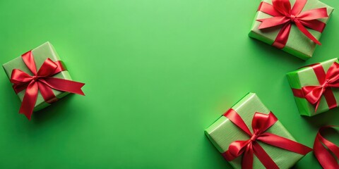 Green presents with red ribbon bows on green background