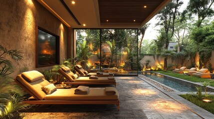 Fototapeta premium Luxurious outdoor spa with lounge chairs, pool, and lush garden.