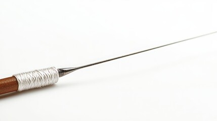 Needle, thread, and stitched lines. White isolated background. 