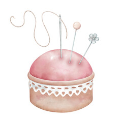 Pincushion with sewing needles and straight pins. Hand drawn dressmaker accessories for needlework isolated on white. Atelier equipment, sewing supplies. Clipart in watercolor style.