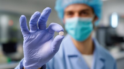 A healthcare professional in a lab coat and gloves holds a pill, emphasizing safety and hygiene in a medical environment.