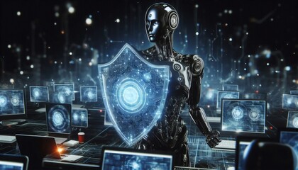 ai robot artificial intelligence shield protection cybersecurity security defense neural network data database secure server encryption firewall