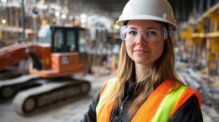 A confident female engineer in her 30s stands proudly on a construction site, showcasing her dedication to safety and professionalism in the engineering field.