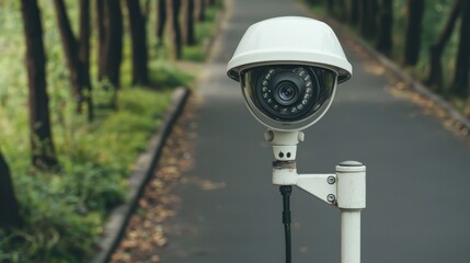 Close-up view of a security camera mounted on a pole along a quiet forest road surrounded by tall trees and lush green foliage during daytime.