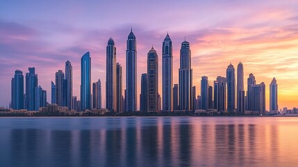 Obraz premium Sunset light casting glow on city skyscraper reflections high resolution picture