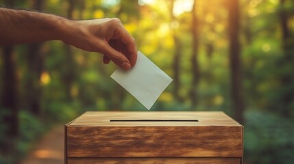 Vote Nature Hand dropping ballot in wooden box.