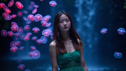 Young woman in green dress surrounded by jellyfish