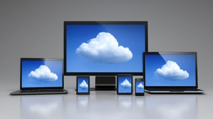 Multiple devices including laptop, tablet, and monitor showcasing cloud sync icon in a cross-platform technology concept