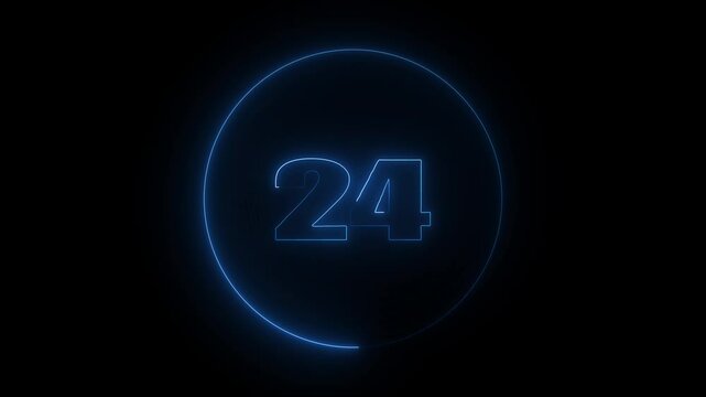 glowing neon count 24 number animation on black background.
