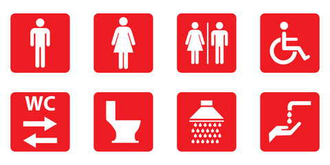 Toilet line icon set. WC sign. Men, women ,mother with baby and handicap symbol. Restroom for male, female, transgender, disabled. Vector graphics