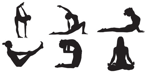Set of vector silhouettes of woman doing yoga exercises. Icons of flexible girl stretching her body in different yoga poses. Black shapes of woman isolated on white background