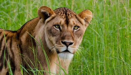 Obraz premium a striking lioness with intense golden eyes gazes directly at the viewer from within a field of tall green grass.