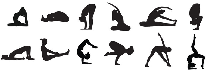 Set of vector silhouettes of woman doing yoga exercises. Icons of flexible girl stretching her body in different yoga poses. Black shapes of woman isolated on white background