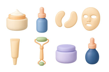 3D icon set of anti-aging skincare: firming cream, collagen serum, eye patches, lifting mask, wrinkle filler, face roller, peptide cream, night oil. 3d icon. Isolated