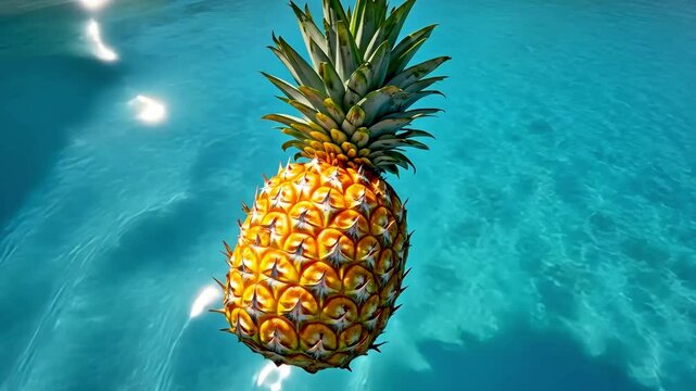 Pineapple floats in the water, beseiny, shooting from above