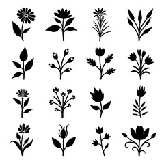 Fototapeta premium Set of black and white flowers, Set of floral elements, Set of black silhouettes of flowers on white background, set of black and white flowers