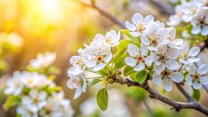 Obraz premium Delicate white blossoms on a branch bathed in warm sunlight, a springtime scene of floral beauty and natural serenity