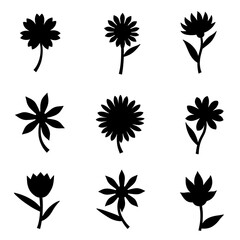 Set of black and white flowers, Set of floral elements, Set of black silhouettes of flowers on white background, set of black and white flowers