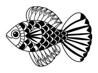 Betta fish coloring page for a children's book with colorful examples. Image in vector format. Great coloring activity for children and toddlers