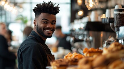 A cheerful young Black male barista smiles while serving customers at a trendy coffee shop, surrounded by delicious pastries and coffee drinks, embodying a vibrant caf? culture.