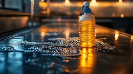 Cleaning spray bottle on a stainless steel surface with cleaning foam.