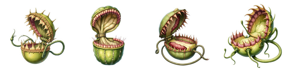Collection of Stylized Venus Flytrap Monster Plant Illustrations Isolated