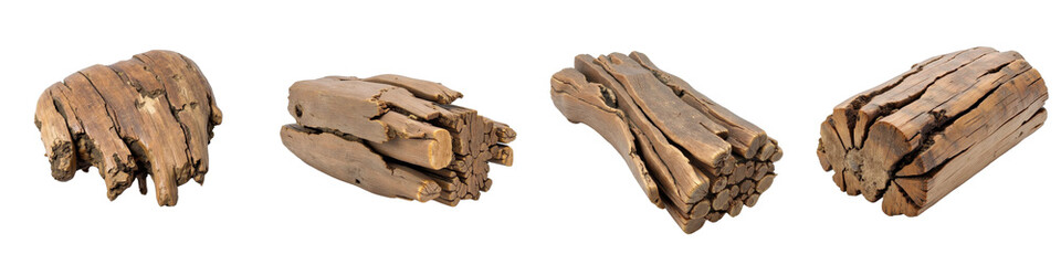 Collection of Weathered Driftwood Pieces Isolated on Light Background