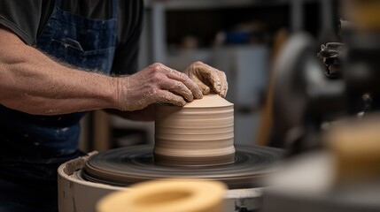 Artisan crafting earthen vessel on spinning potter's wheel in a workshop