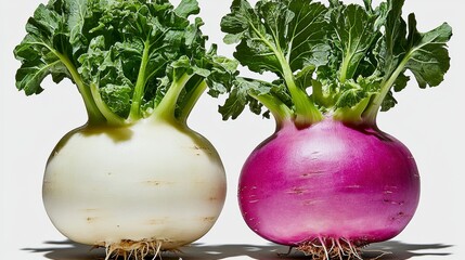 Two Turnips White and Purple Root Vegetables with Green Tops