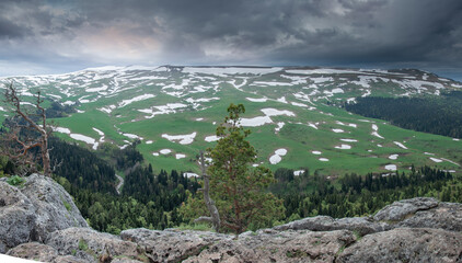 Panoramic view of the Lago Naki plateau. Krasnodar region, Republic of Adygea.
