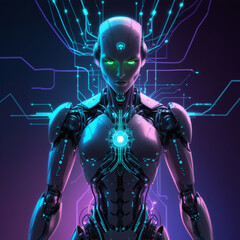 Digital representation of AI in technology human form, showcasing evil, future, seriousness and vision connected to wiring in different colors