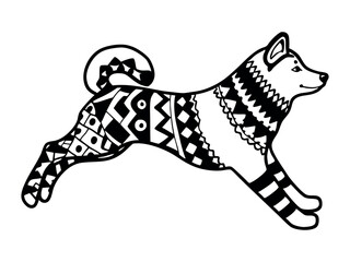 Akita dog zentangle stylized, vector, illustration, freehand pencil, pattern. Zen art. Black and white illustration on white background. Adult anti-stress coloring book