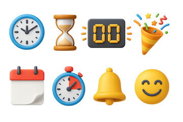 3D icon set of festive countdown: number clock, hourglass, flashing digits, confetti burst, calendar tear, timer, bell, happy emoji. 3d icon. Isolated