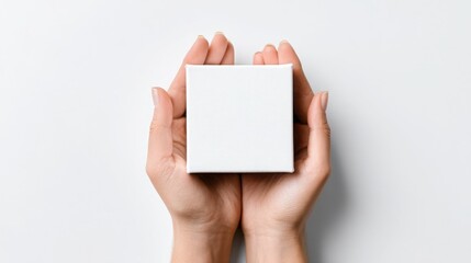Person?s hands elegantly holding a white box in a clean space representing structure and organization conceptually
